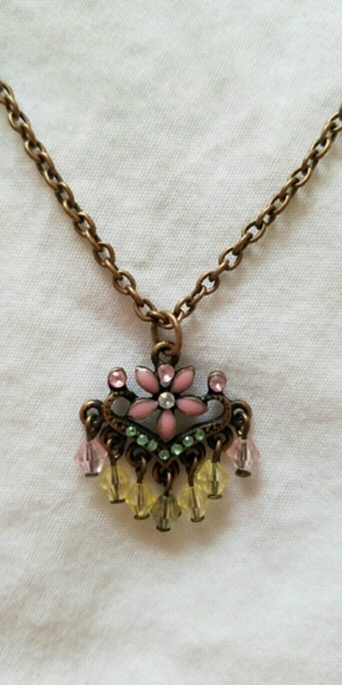 Flower pendant with dangle bead, 16 inch necklace, vintage